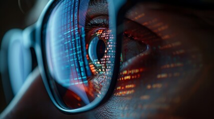 close up of an eye wearing glasses with computer code reflecting in the lens a male person is lookin