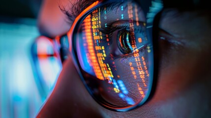 Close up of an eye wearing glasses with computer code reflecting in the lens A male person is looking at a screen computer code