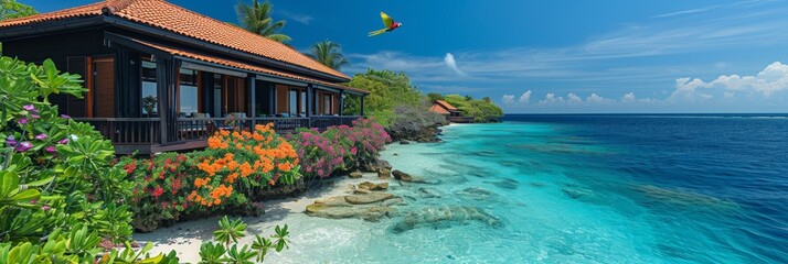 Wall Mural - A romantic seaside village with blooming flowers, parrots flying overhead, and turquoise waters.