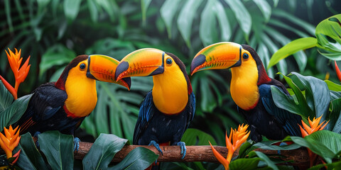 In the vibrant rainforest, toucans with a vibrant orange beak perches amidst lush foliage.