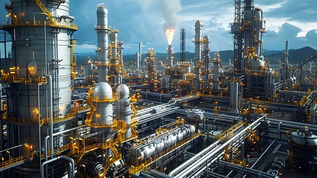Expansive Industrial Landscape of Oil and Gas Production Facility with Vibrant Machinery and Pipelines