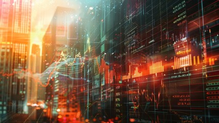 Wall Mural - Stock market business concept. Financial graphs and digital indicators with modernistic urban area and skyscrapers as background. Double Exposure.