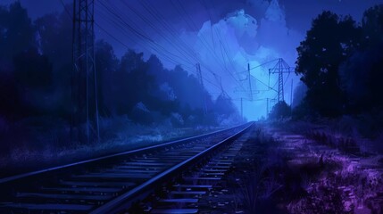 Wall Mural - atmospheric night railway scene illustration mysterious dark train tracks