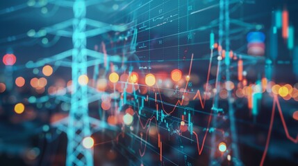 Aufkleber - stock market graph with electric pole with blue black energy business blue banner background