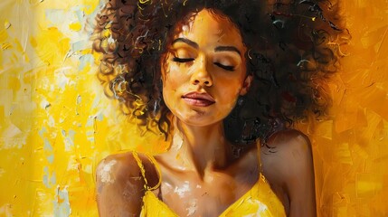 Wall Mural - beautiful woman with voluminous curly hair wearing vibrant yellow sundress fashion portrait oil painting