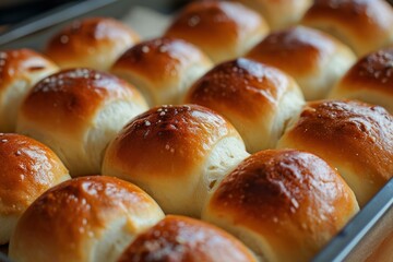 Poster - Delectable Baked buns bread rolls. Wooden health. Generate Ai