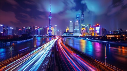 Aufkleber - the light trails on the modern building background in shanghai china.