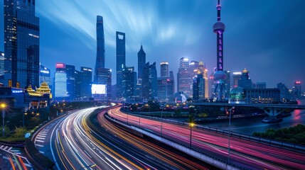 Aufkleber - the light trails on the modern building background in shanghai china.