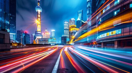 Aufkleber - the light trails on the modern building background in shanghai china.