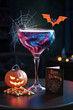 Spooky Halloween Cocktail with Festive Decorations and Glowing Pumpkin.