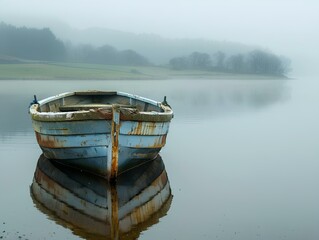 A wooden boat sits calmly in a still lake on a foggy day.