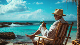 Fototapeta  - A charming gentleman in a Panama hat, lounging on a tropical beach chair with a cigar in hand, overlooking the azure waters of the Caribbean. Ai generated