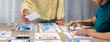 © Summit Art Creations - Panorama banner of startup company employee planning on user interface prototype for mobile application or website in office. UX UI designer brainstorm user friendly interface plan. Synergic