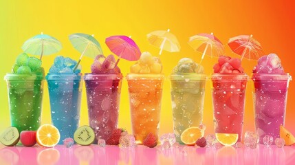 colorful iced fruit slush or smoothie dispensers for refreshing summer drinks vibrant multicolored containers digital illustration