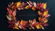 Hello Autumn: Vibrant Fall Leaves and Red Berries Forming a Decorative Wreath on Dark Background.