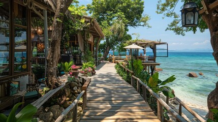 Fototapete - A beach walkway with a wooden boardwalk leading to a beach