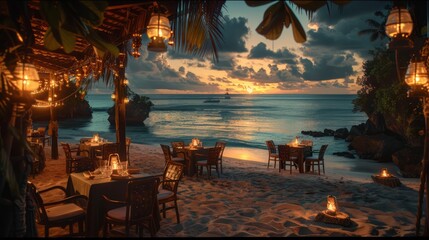 Fototapete - A beach scene with a restaurant with tables and chairs