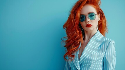 Wall Mural - elegant woman with vibrant red hair wearing blue striped suit chic fashion portrait