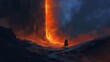 ethereal cascading flames illuminating a lone figure in rocky terrain at night digital painting