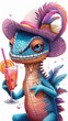 Charming Lizard Character Enjoying a Tropical Drink with Flamboyant Hat and Feathers.