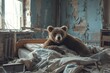 Large teddy bear sits alone on an old bed in a dilapidated, empty room with peeling walls