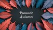 Romantic Autumn: Vibrant Red and Blue Leaves on Dark Background.