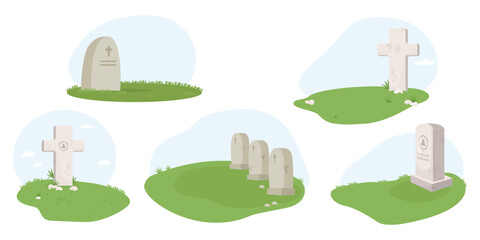 Wall Mural - Cemetery. Collection of grave crosses, tombstones, stone graves in grass. Isolated vector illustration.