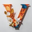 Vibrant Orange Quilled Letter V Adorned with Delicate Paper Flowers on a Soft White Background.