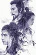 Asian inspired fantasy book cover or poster design in monochromatic ink with human characters next to each other.