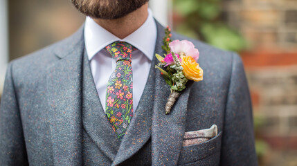 Wall Mural - Groom's suit and floral tie at wedding