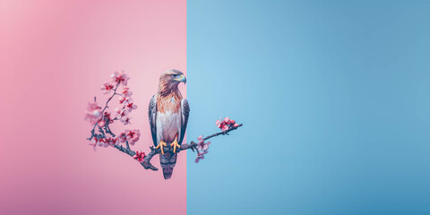 Wall Mural - An eagle and spring flower on a bright background,  minimal concept, copy space