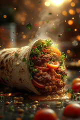 Wall Mural - A burrito with a lot of toppings is shown with a lot of sauce dripping out of it