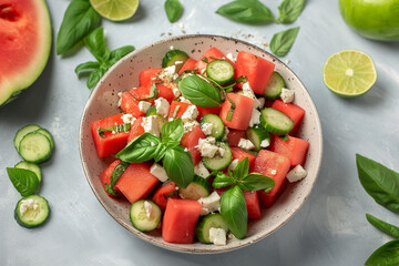 Wall Mural - A bowl of watermelon and cucumber salad with a side of lime