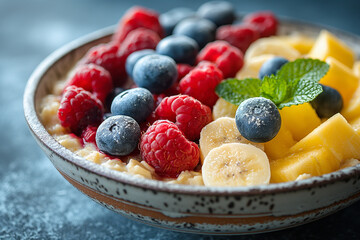 Wall Mural - A bowl of fruit with raspberries, blueberries, bananas, and mint
