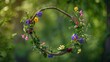 A stunning wildflower wreath adorns a branch against a lush green backdrop embodying a traditional floral decor that signifies the arrival of Summer Solstice Day and Midsummer in pagan witc