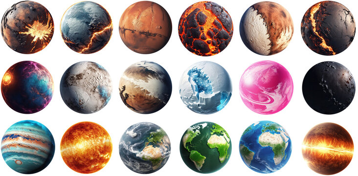 Big set of planets isolated on transparent background. Bright and unexplored planets.