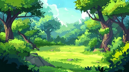 Wall Mural - A lush and vibrant cartoon forest bathed in sunlight