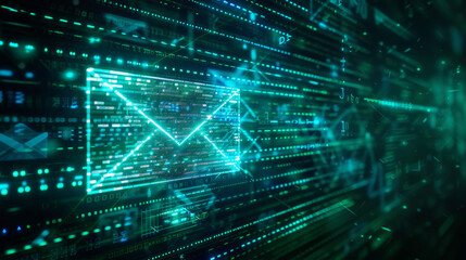 Digital e reverse green blue glow mail envelope icon on background of binary code and data flow in virtual space, futuristic concept for global network digital technology web online communication