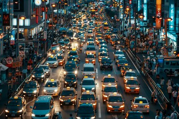 City street jam, cars in rush traffic on urban highway. Transportation road congested with vehicles..