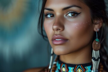 Captivating Beautiful native american woman cute portrait. Shaman spirit classic studio people. Generate Ai