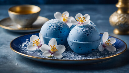 Wall Mural - Mochi blue ice cream with flowers in cafe presentation