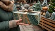 © Nadia - Person holding a gift wrapped in green marbled paper and tied with brown ribbon in front of Christmas tree