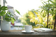 White coffee cup on wooden tray and notebook and Philodendron plant on wooden table under sunlight