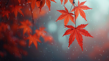 Wall Mural -   A red maple leaf dangling from a tree limb amidst the raindrops The fuzzy backdrop adds to its allure