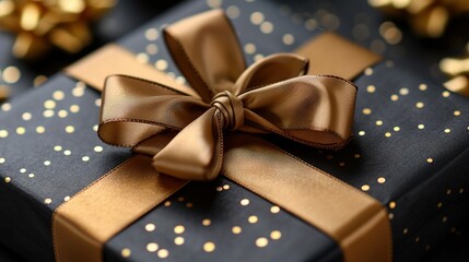   Close-up of a black and gold gift box with a brown ribbon and a bow on top