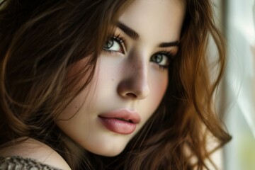 Poster - Close-up portrait of a young woman with captivating eyes and soft, natural makeup