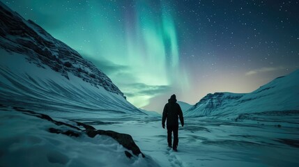 the picture of young or adult human that walking in the north pole or south pole and staring into th