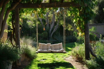 Canvas Print - Inviting Beautiful wood swing backyard. Outdoor seat. Generate Ai