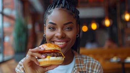 Wall Mural - black woman with fast food