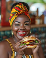 Wall Mural - black woman with fast food